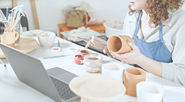 Females,Potter,In,Blue,Apron,Making,A,Vlog,,Recording,Online