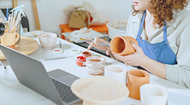 Females,Potter,In,Blue,Apron,Making,A,Vlog,,Recording,Online